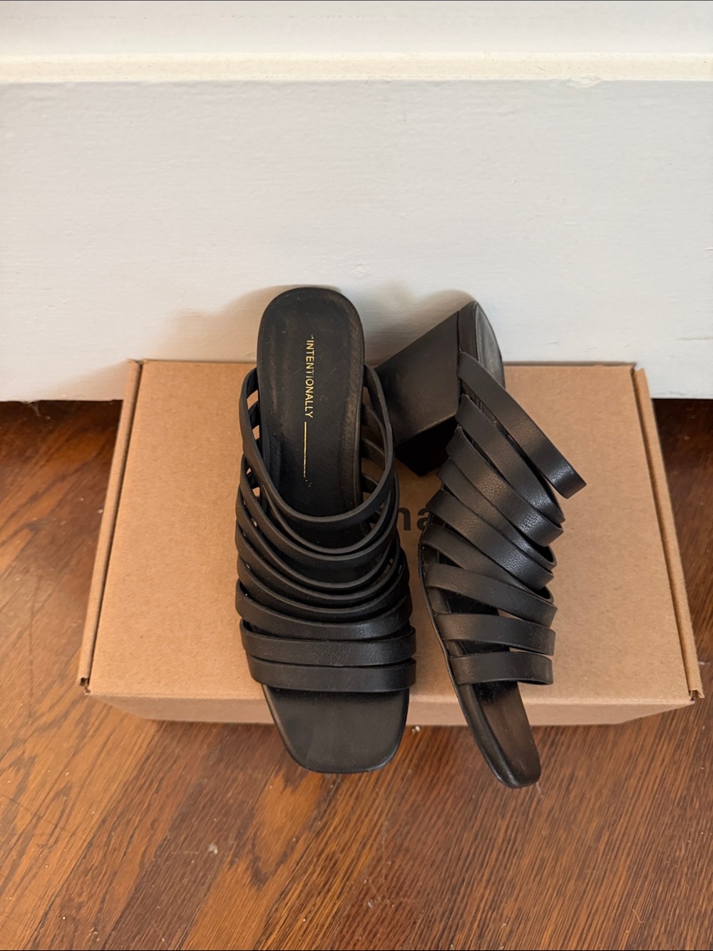 INTENTIONALLY BLANK Black Multi-Strap Block Heel Mules